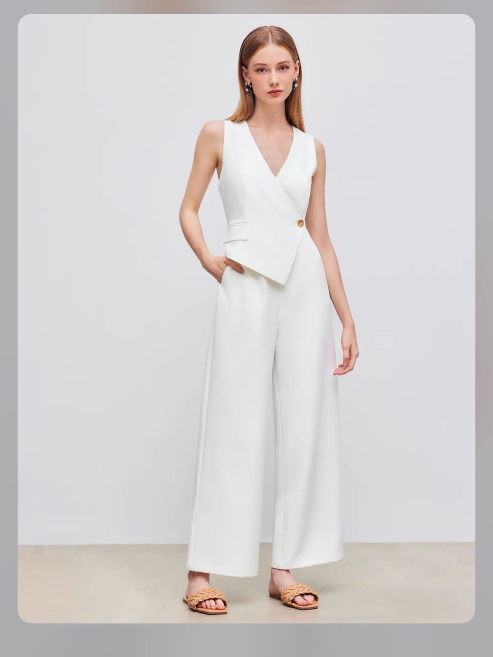 V-NECK SOLID WRAP VEST JUMPSUIT White M - Picture 2 of 11